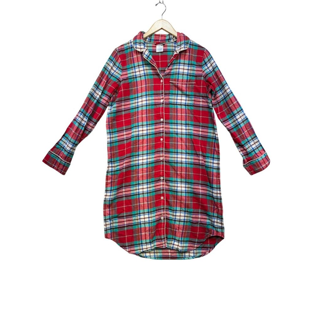 Lands End Womens Plaid Button-Down Long Sleeve Shirtdress M/T Red Green100% Cott